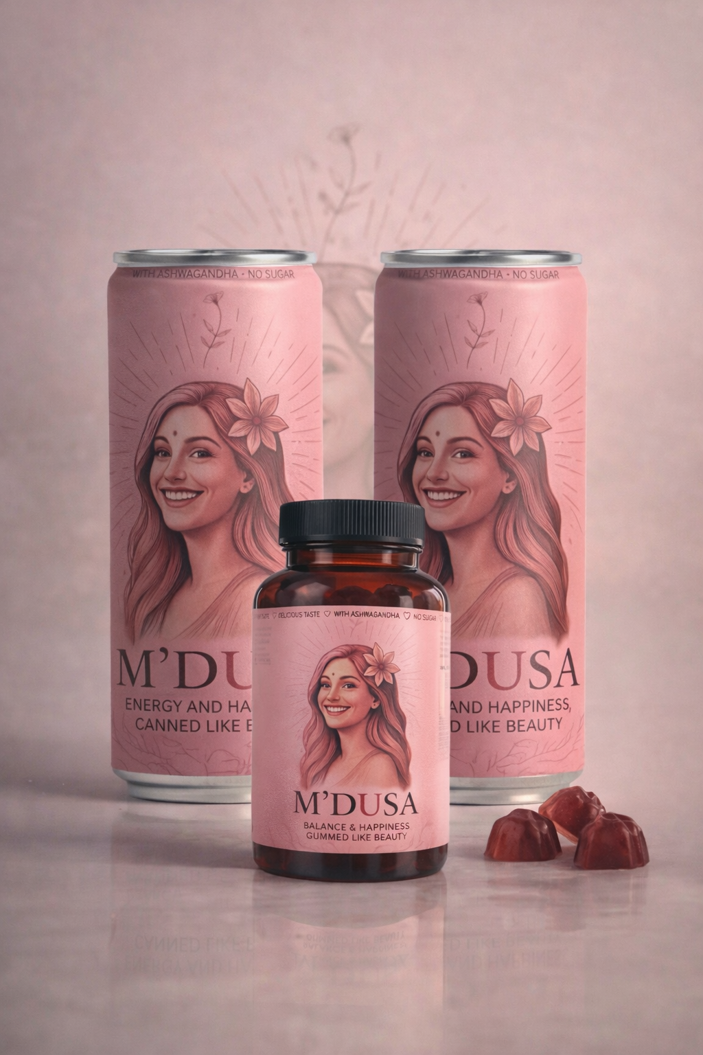 M’DUSA Glow Bundle – 6 blikjes Energy drinks + Ashwagandha gummies✨